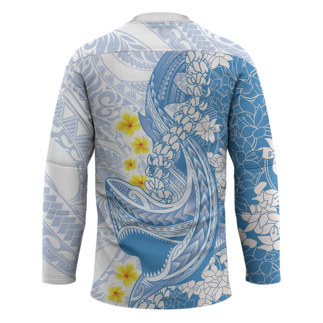 Blue Hawaii Shark Tattoo Hockey Jersey Puakenikeni Lei Plumeria Polynesian Pattern