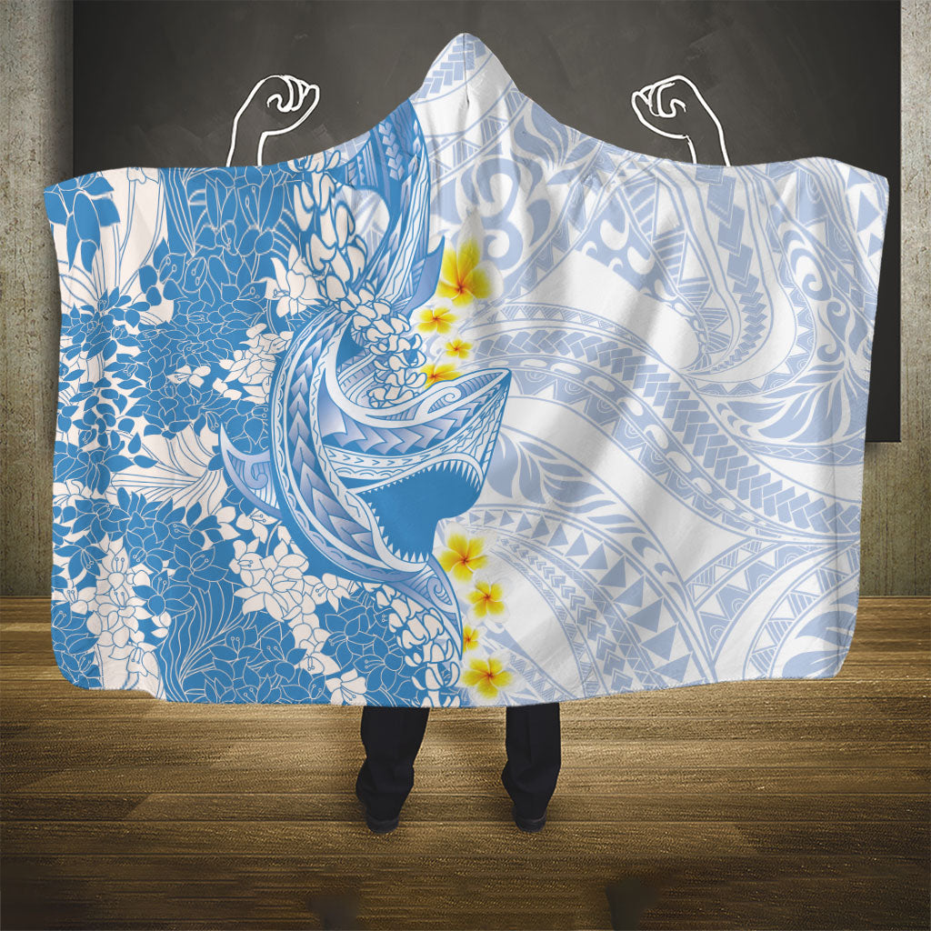 Blue Hawaii Shark Tattoo Hooded Blanket Puakenikeni Lei Plumeria Polynesian Pattern