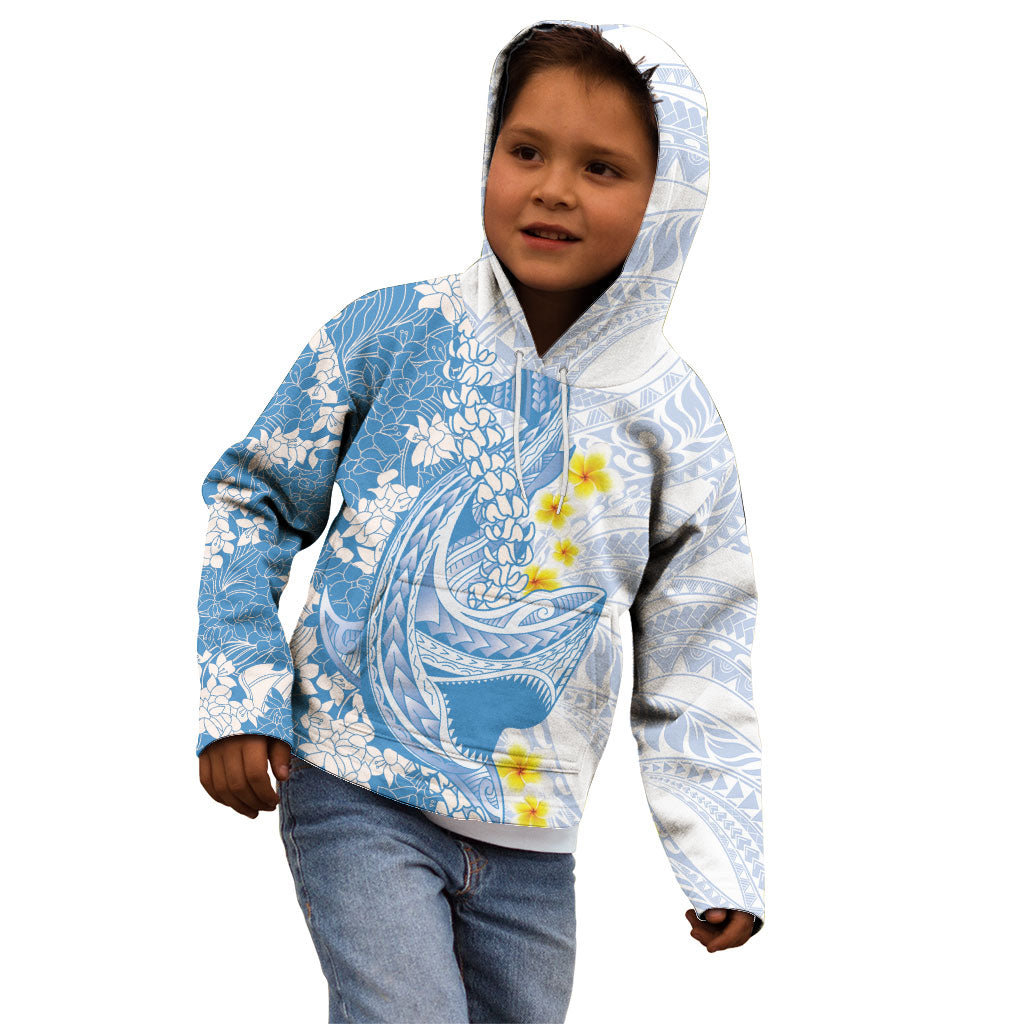 Blue Hawaii Shark Tattoo Kid Hoodie Puakenikeni Lei Plumeria Polynesian Pattern