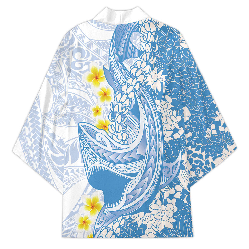 Blue Hawaii Shark Tattoo Kimono Puakenikeni Lei Plumeria Polynesian Pattern