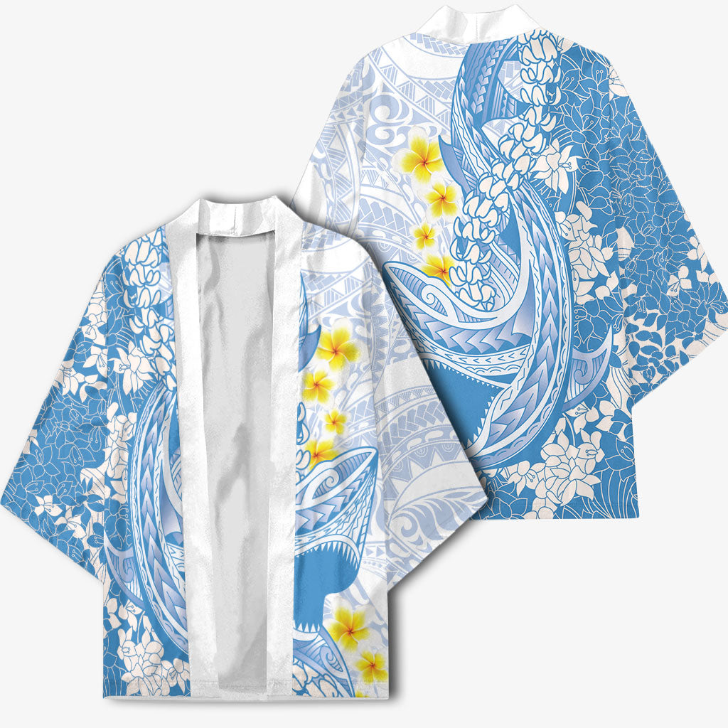 Blue Hawaii Shark Tattoo Kimono Puakenikeni Lei Plumeria Polynesian Pattern