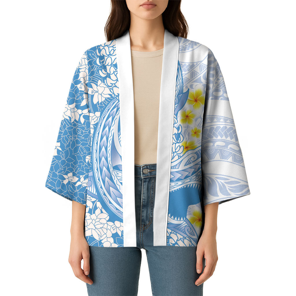 Blue Hawaii Shark Tattoo Kimono Puakenikeni Lei Plumeria Polynesian Pattern