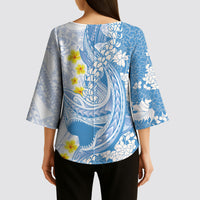 Blue Hawaii Shark Tattoo Kimono Sleeve Blouse Puakenikeni Lei Plumeria Polynesian Pattern