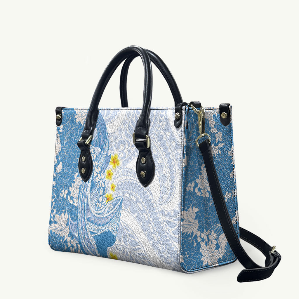 Blue Hawaii Shark Tattoo Leather Bag Puakenikeni Lei Plumeria Polynesian Pattern