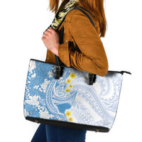 Blue Hawaii Shark Tattoo Leather Tote Bag Puakenikeni Lei Plumeria Polynesian Pattern