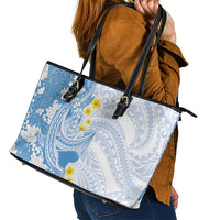 Blue Hawaii Shark Tattoo Leather Tote Bag Puakenikeni Lei Plumeria Polynesian Pattern