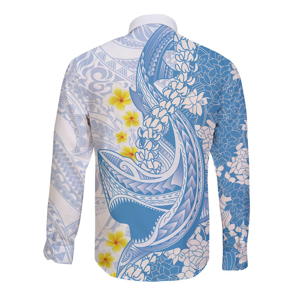 Blue Hawaii Shark Tattoo Long Sleeve Button Shirt Puakenikeni Lei Plumeria Polynesian Pattern