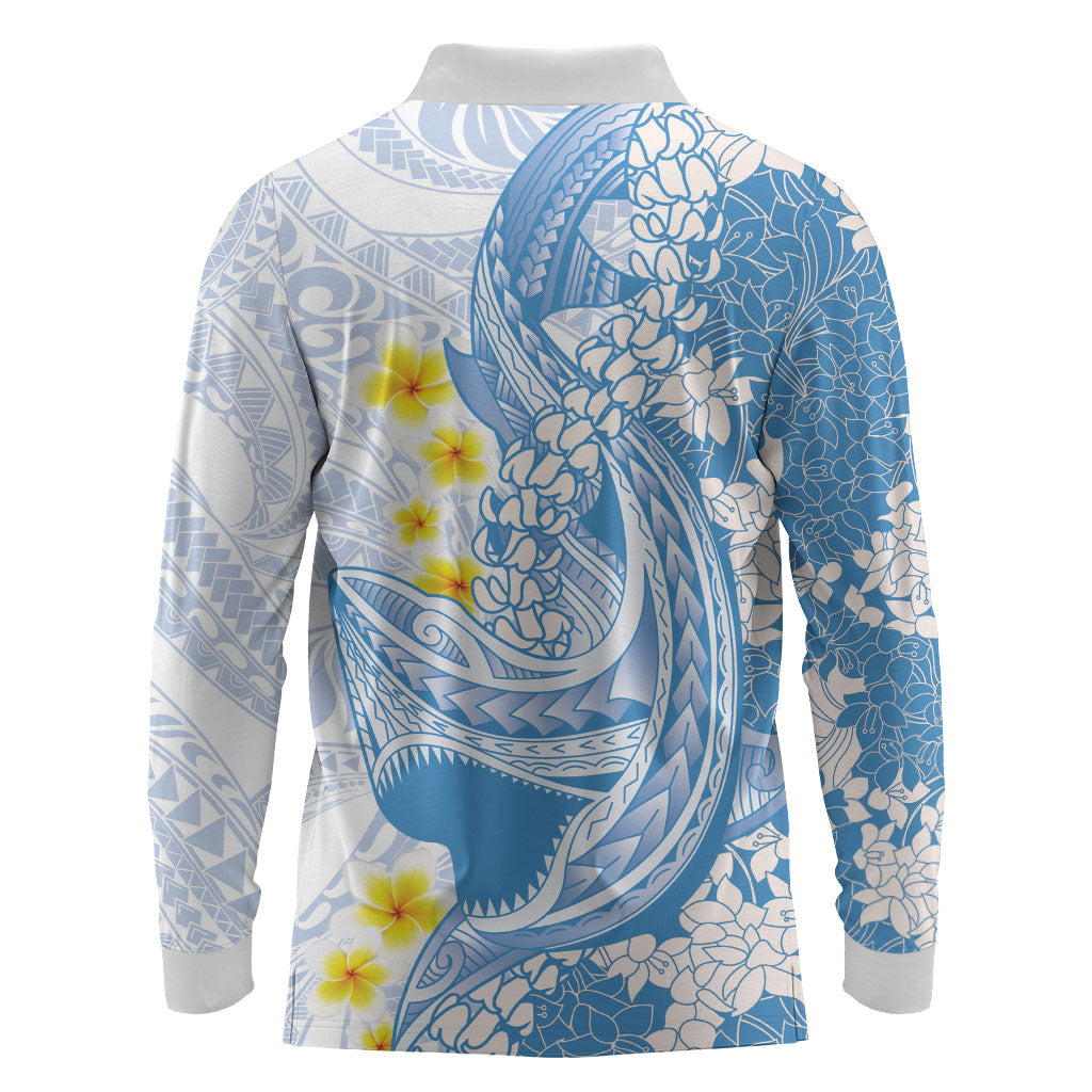 Blue Hawaii Shark Tattoo Long Sleeve Polo Shirt Puakenikeni Lei Plumeria Polynesian Pattern