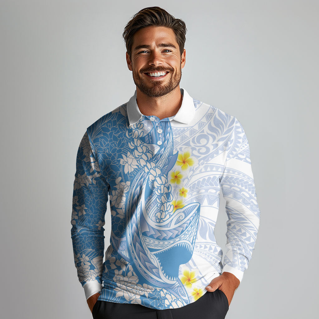 Blue Hawaii Shark Tattoo Long Sleeve Polo Shirt Puakenikeni Lei Plumeria Polynesian Pattern