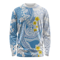 Blue Hawaii Shark Tattoo Long Sleeve Shirt Puakenikeni Lei Plumeria Polynesian Pattern