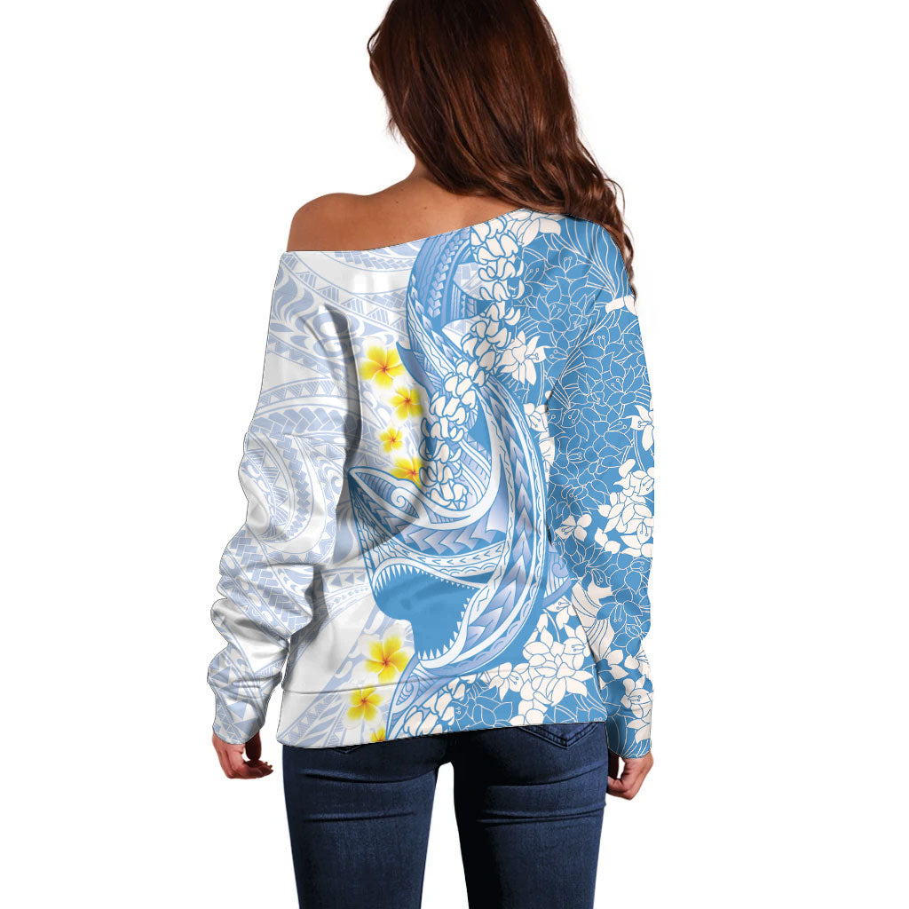 Blue Hawaii Shark Tattoo Off Shoulder Sweater Puakenikeni Lei Plumeria Polynesian Pattern