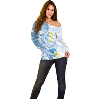 Blue Hawaii Shark Tattoo Off Shoulder Sweater Puakenikeni Lei Plumeria Polynesian Pattern