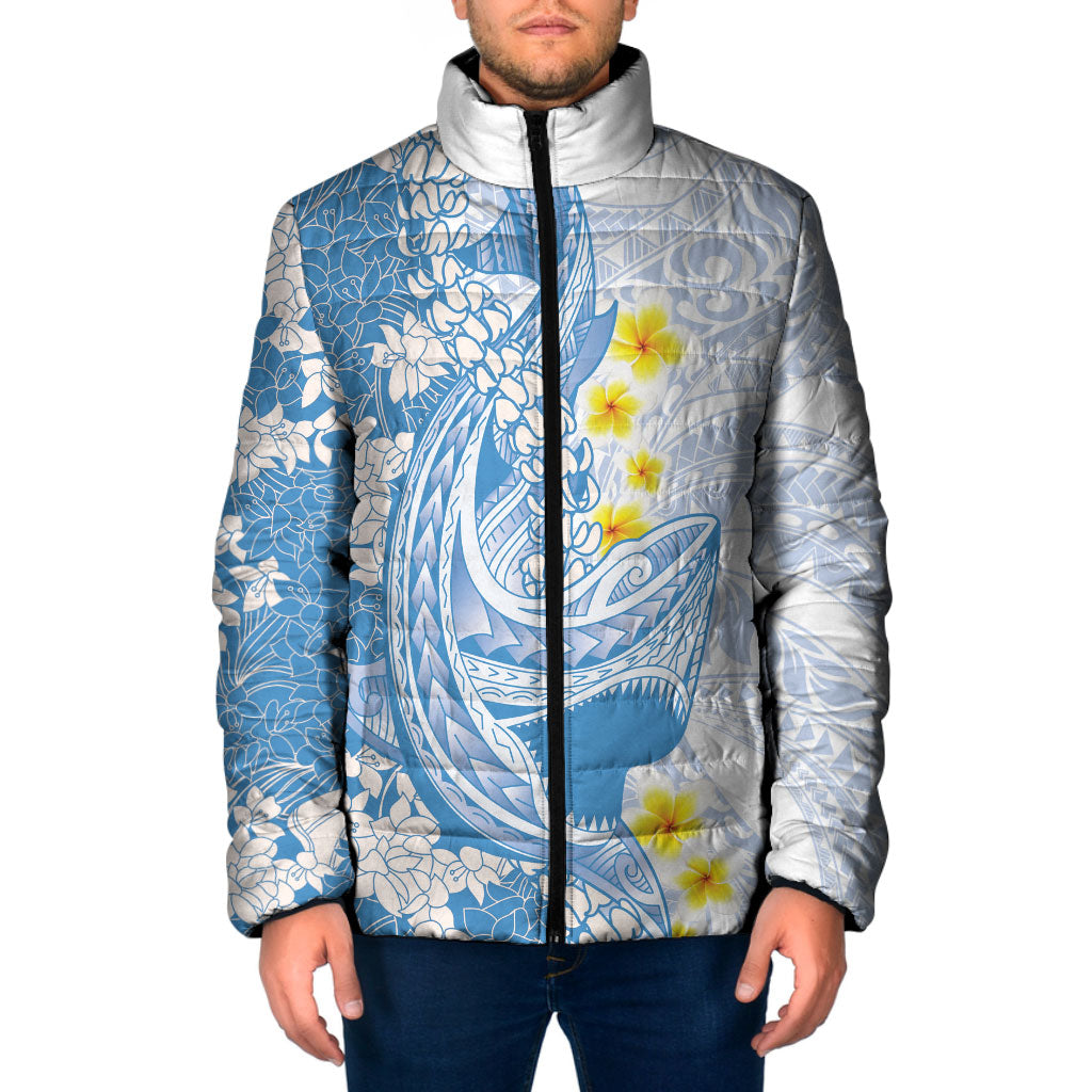 Blue Hawaii Shark Tattoo Padded Jacket Puakenikeni Lei Plumeria Polynesian Pattern