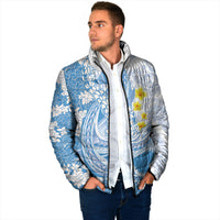 Blue Hawaii Shark Tattoo Padded Jacket Puakenikeni Lei Plumeria Polynesian Pattern