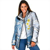 Blue Hawaii Shark Tattoo Padded Jacket Puakenikeni Lei Plumeria Polynesian Pattern