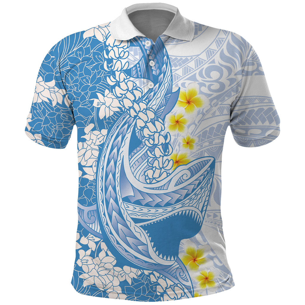 Blue Hawaii Shark Tattoo Polo Shirt Puakenikeni Lei Plumeria Polynesian Pattern