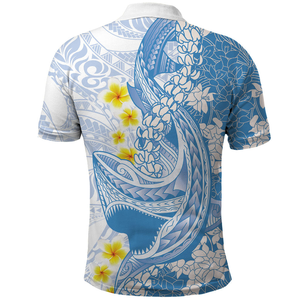 Blue Hawaii Shark Tattoo Polo Shirt Puakenikeni Lei Plumeria Polynesian Pattern