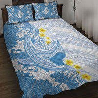 Blue Hawaii Shark Tattoo Quilt Bed Set Puakenikeni Lei Plumeria Polynesian Pattern