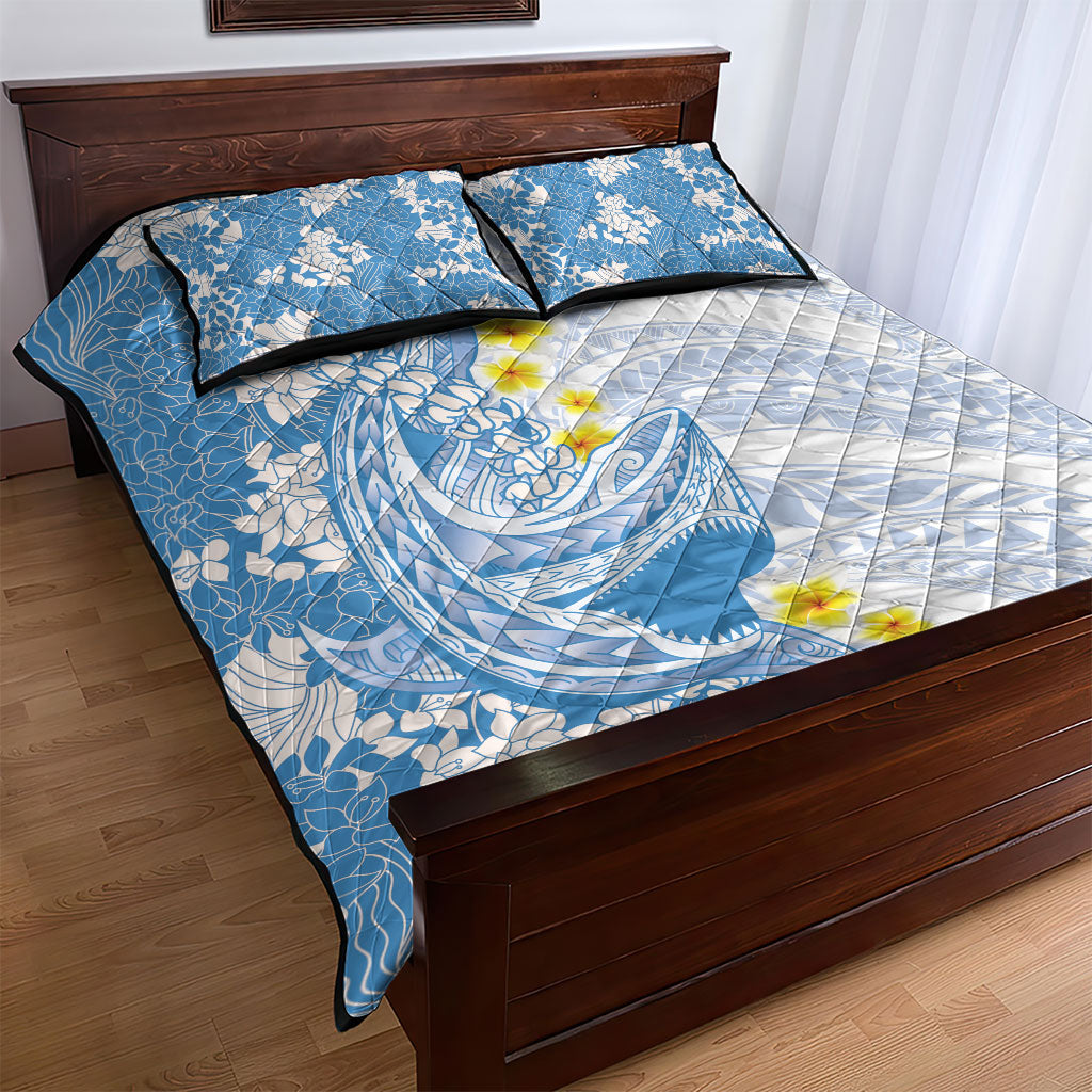 Blue Hawaii Shark Tattoo Quilt Bed Set Puakenikeni Lei Plumeria Polynesian Pattern