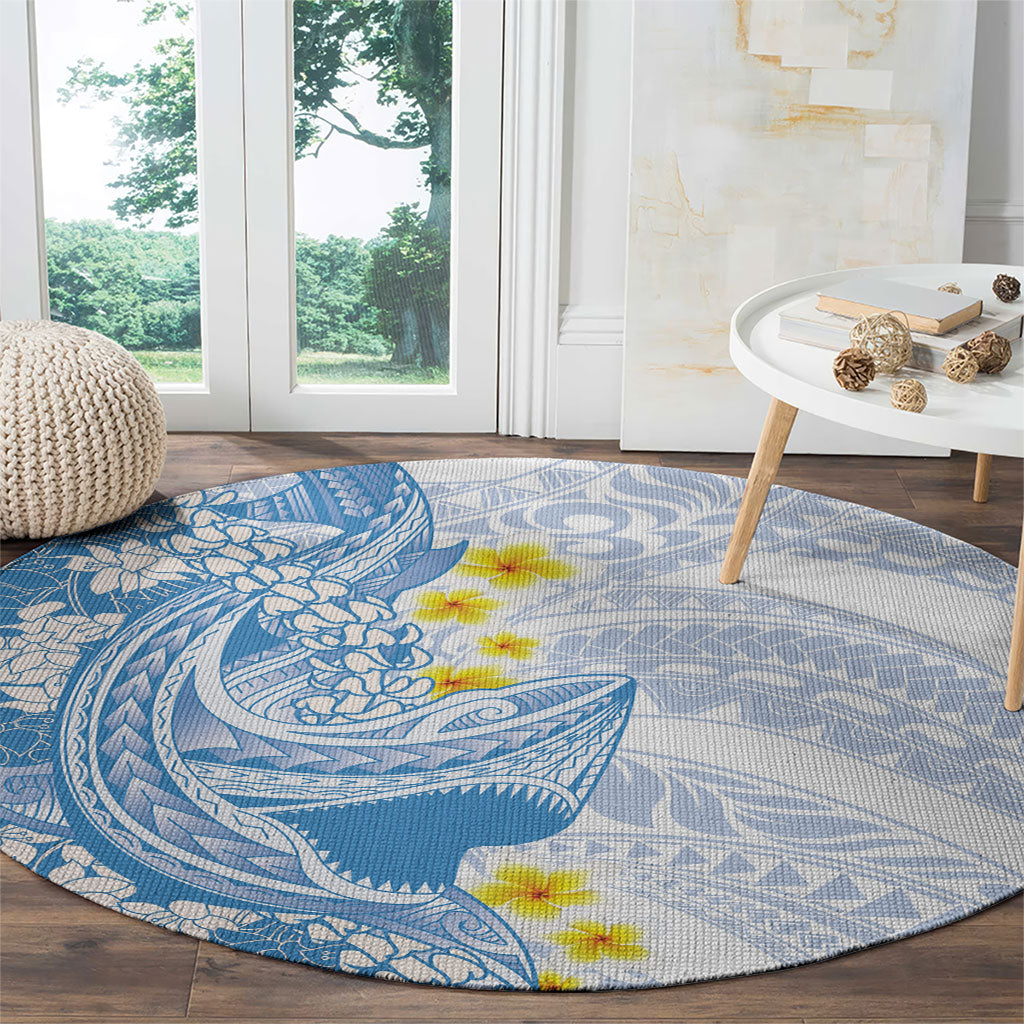 Blue Hawaii Shark Tattoo Round Carpet Puakenikeni Lei Plumeria Polynesian Pattern