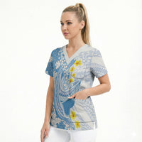 Blue Hawaii Shark Tattoo Scrub Top Puakenikeni Lei Plumeria Polynesian Pattern