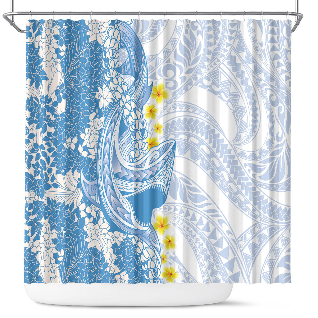 Blue Hawaii Shark Tattoo Shower Curtain Puakenikeni Lei Plumeria Polynesian Pattern