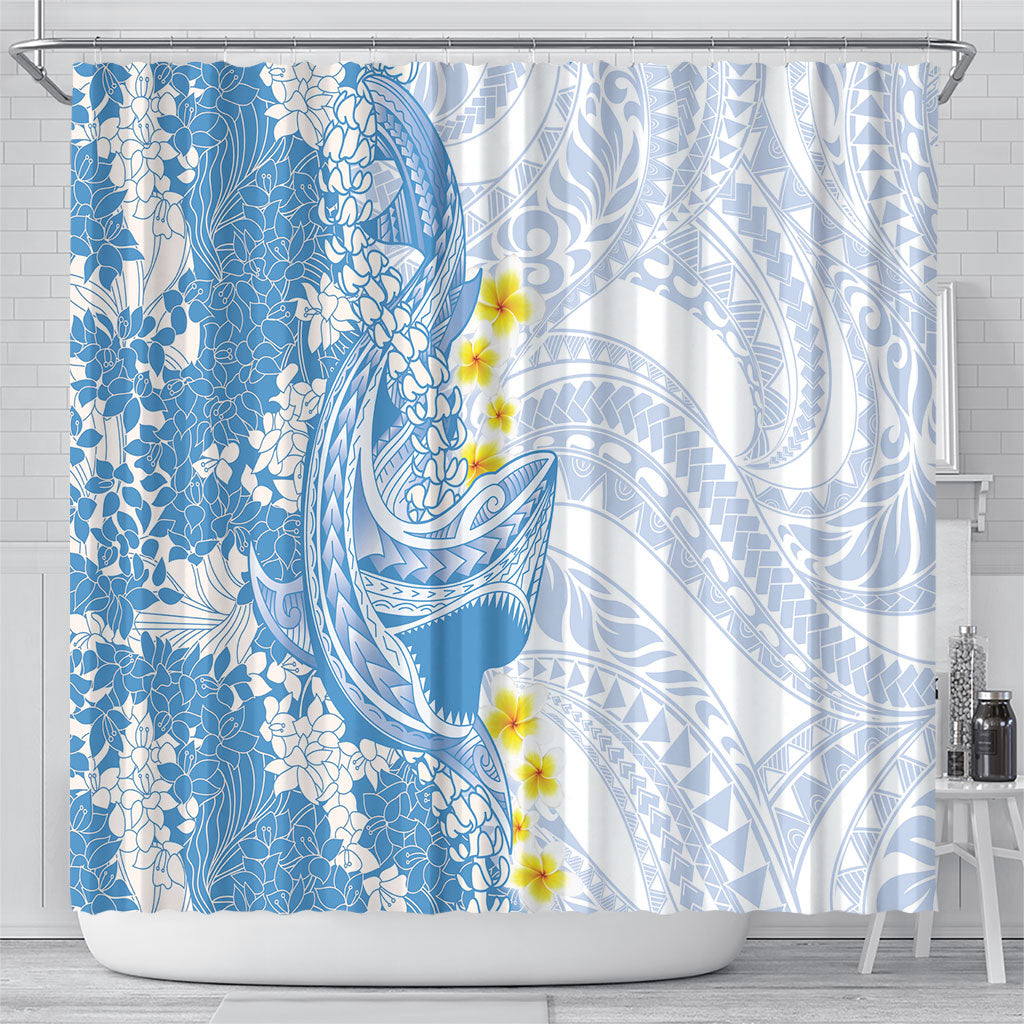 Blue Hawaii Shark Tattoo Shower Curtain Puakenikeni Lei Plumeria Polynesian Pattern