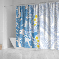 Blue Hawaii Shark Tattoo Shower Curtain Puakenikeni Lei Plumeria Polynesian Pattern