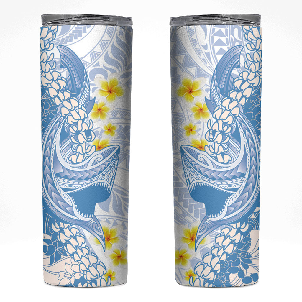 Blue Hawaii Shark Tattoo Skinny Tumbler Puakenikeni Lei Plumeria Polynesian Pattern