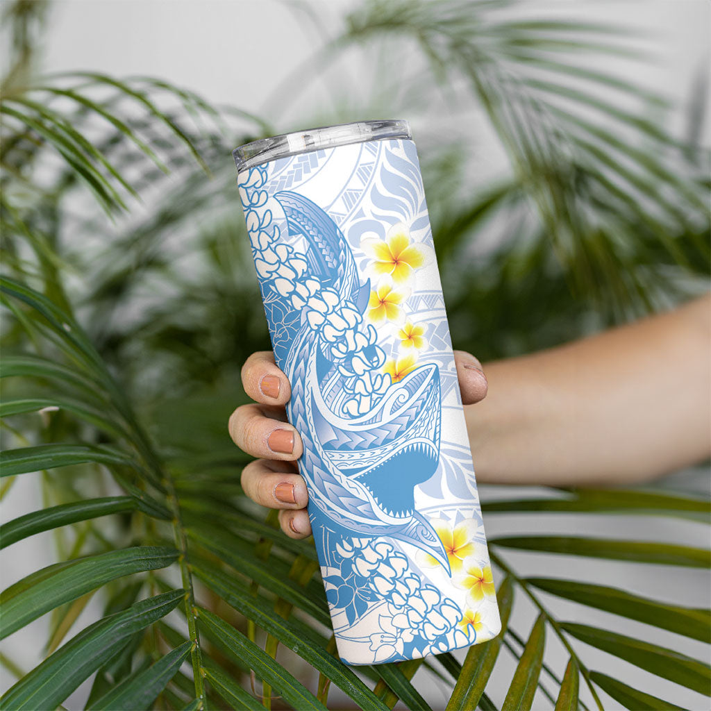 Blue Hawaii Shark Tattoo Skinny Tumbler Puakenikeni Lei Plumeria Polynesian Pattern