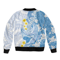 Blue Hawaii Shark Tattoo Sleeve Zip Bomber Jacket Puakenikeni Lei Plumeria Polynesian Pattern
