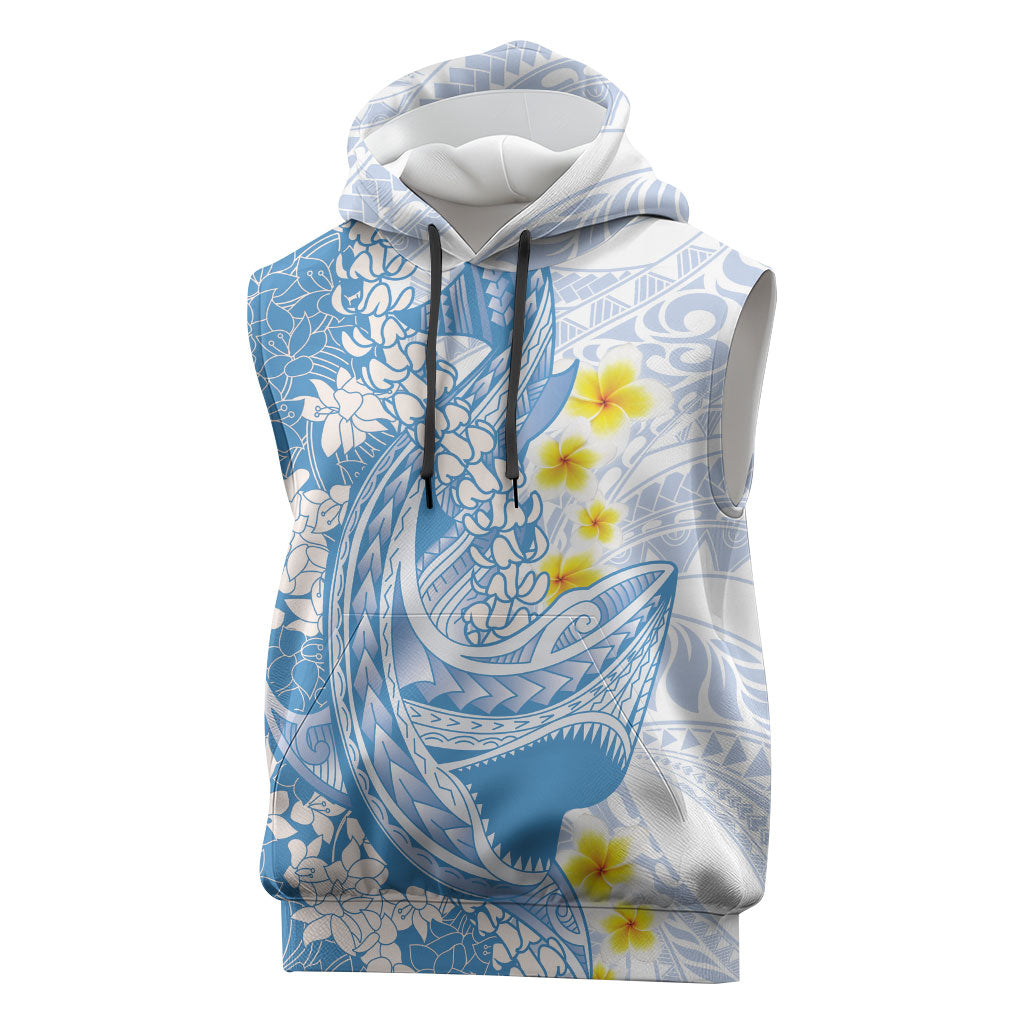 Blue Hawaii Shark Tattoo Sleeveless Hoodie Puakenikeni Lei Plumeria Polynesian Pattern