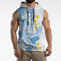 Blue Hawaii Shark Tattoo Sleeveless Hoodie Puakenikeni Lei Plumeria Polynesian Pattern