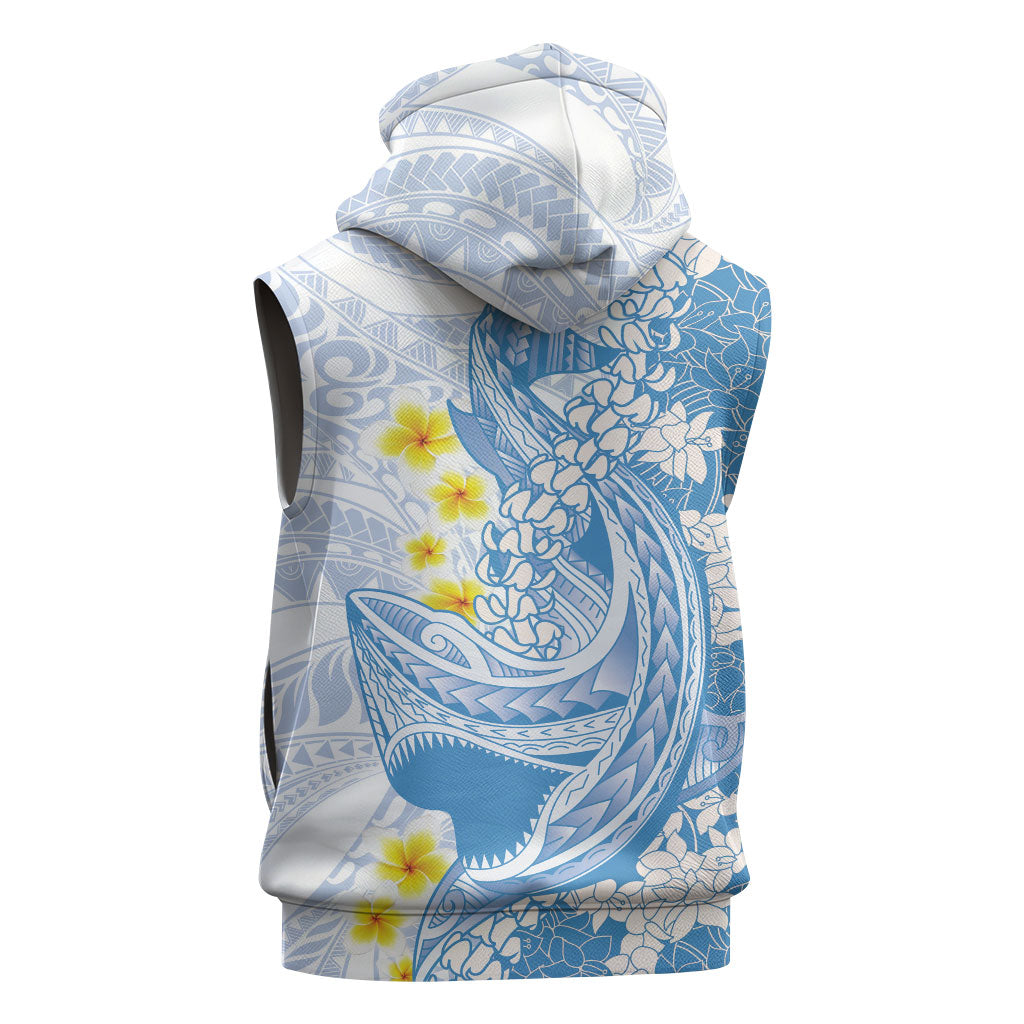 Blue Hawaii Shark Tattoo Sleeveless Zip Hoodie Puakenikeni Lei Plumeria Polynesian Pattern