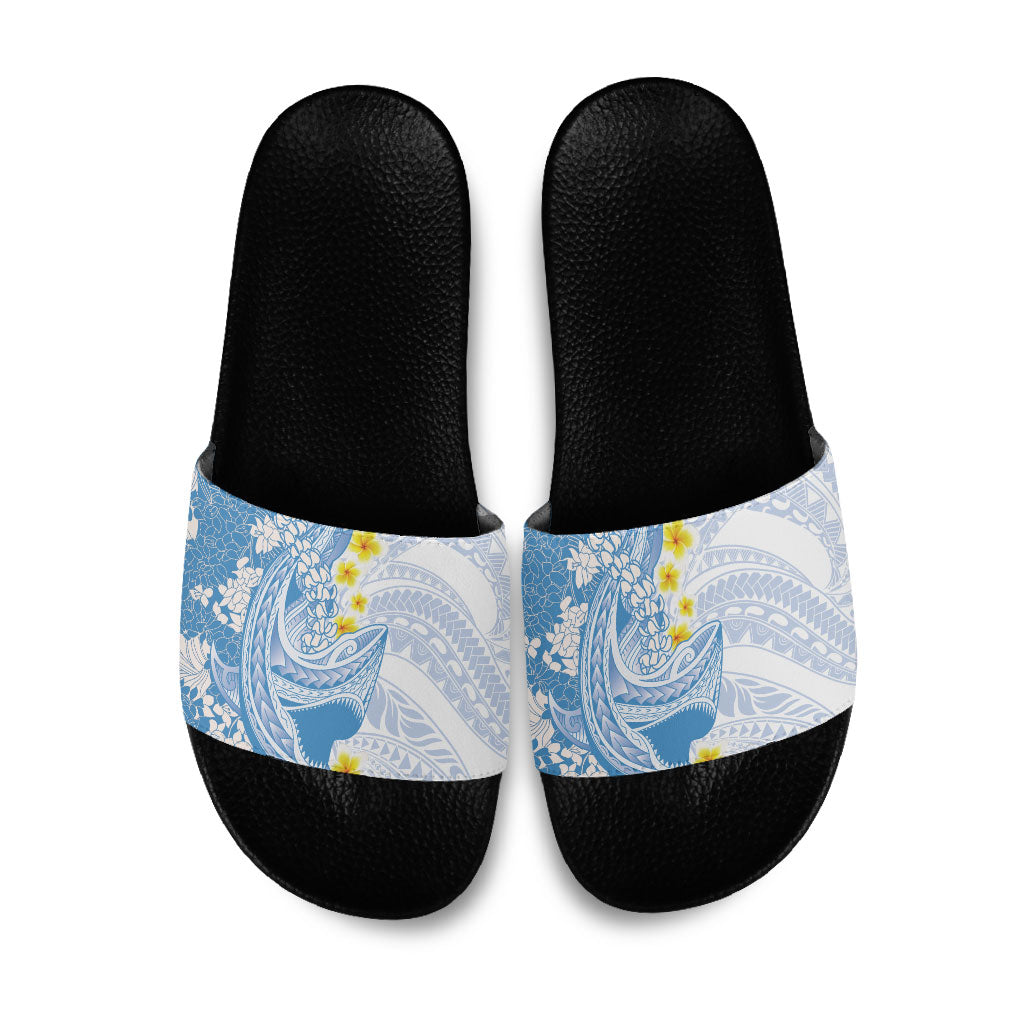 Blue Hawaii Shark Tattoo Slide Sandals Puakenikeni Lei Plumeria Polynesian Pattern