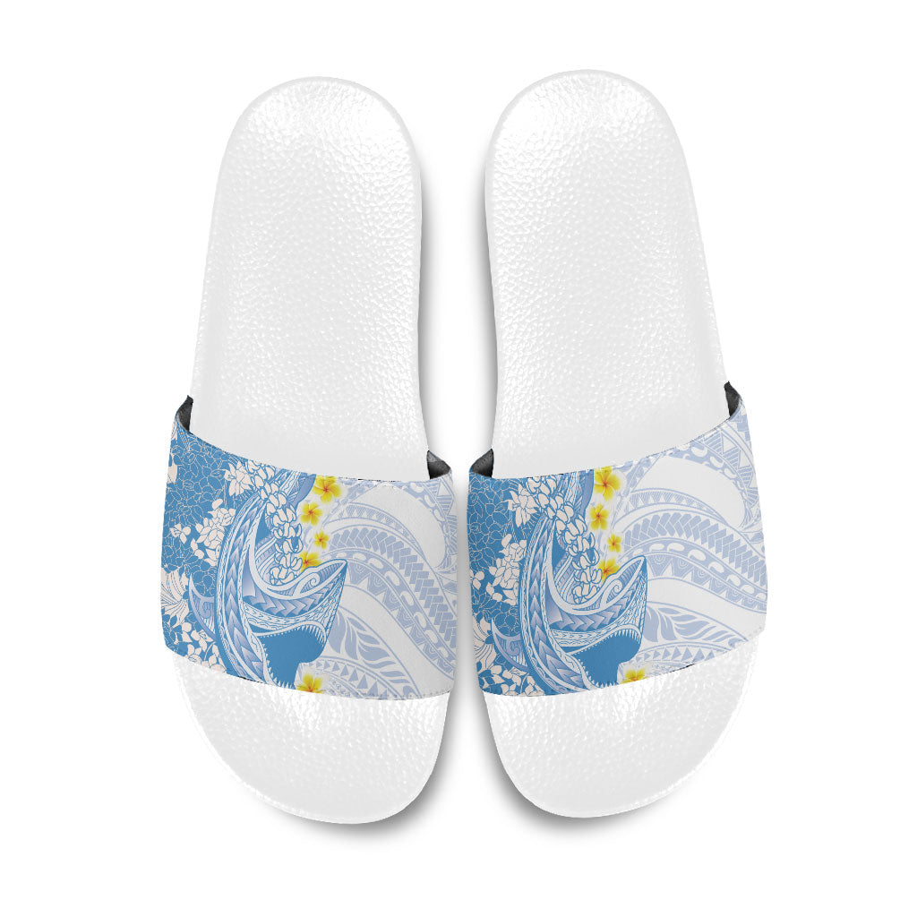 Blue Hawaii Shark Tattoo Slide Sandals Puakenikeni Lei Plumeria Polynesian Pattern