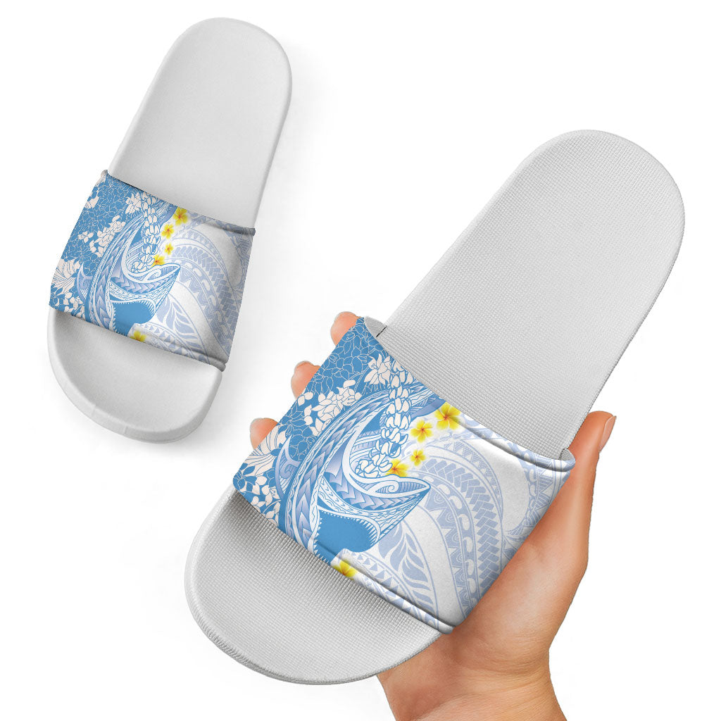 Blue Hawaii Shark Tattoo Slide Sandals Puakenikeni Lei Plumeria Polynesian Pattern