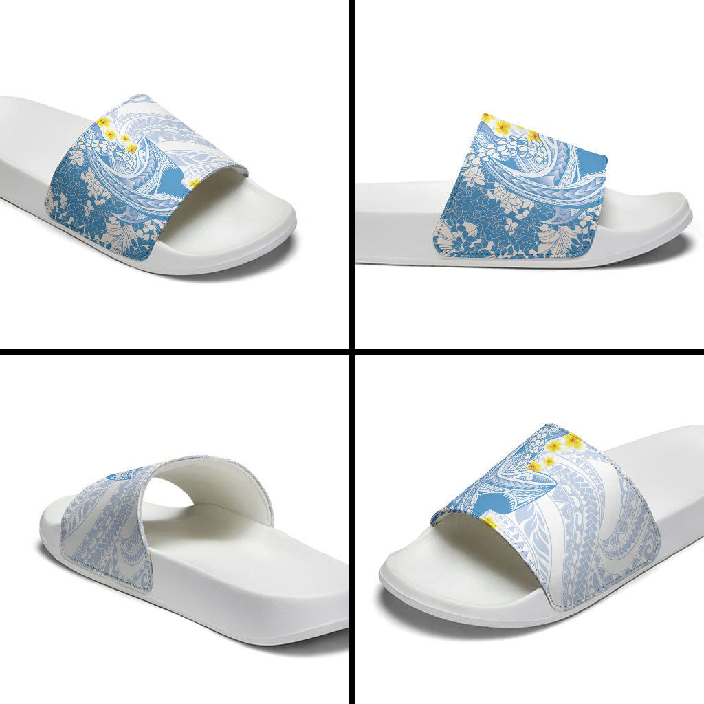 Blue Hawaii Shark Tattoo Slide Sandals Puakenikeni Lei Plumeria Polynesian Pattern
