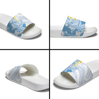 Blue Hawaii Shark Tattoo Slide Sandals Puakenikeni Lei Plumeria Polynesian Pattern