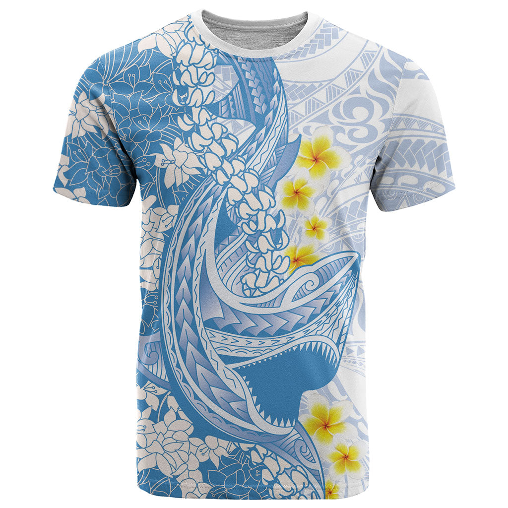 Blue Hawaii Shark Tattoo T Shirt Puakenikeni Lei Plumeria Polynesian Pattern