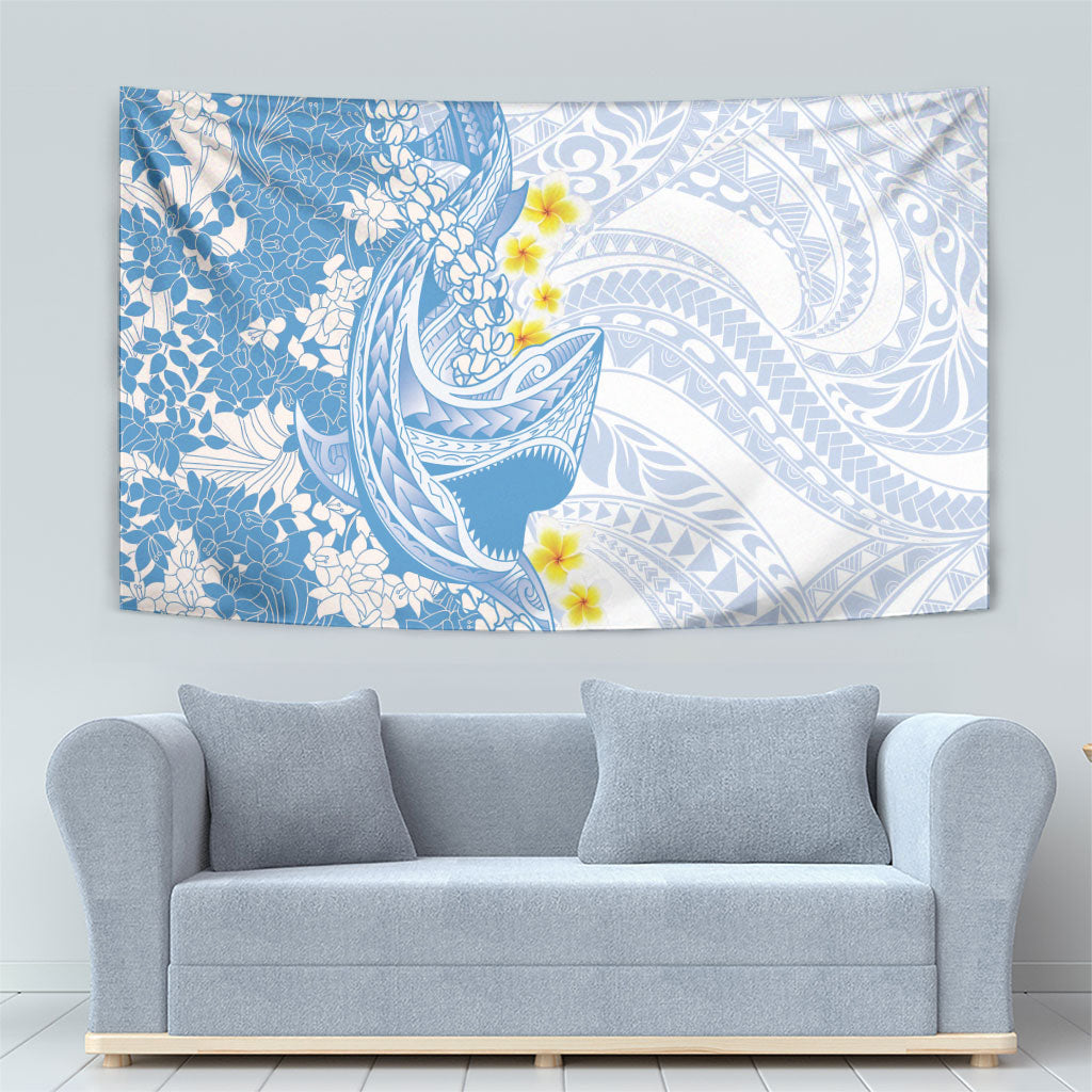 Blue Hawaii Shark Tattoo Tapestry Puakenikeni Lei Plumeria Polynesian Pattern