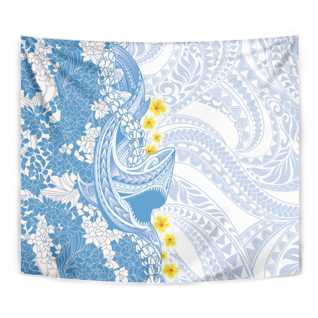Blue Hawaii Shark Tattoo Tapestry Puakenikeni Lei Plumeria Polynesian Pattern