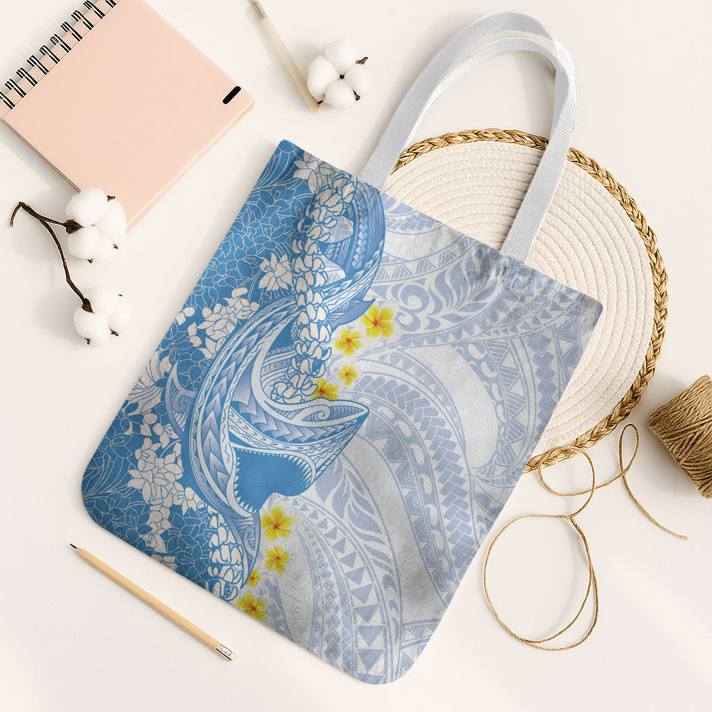 Blue Hawaii Shark Tattoo Tote Bag Puakenikeni Lei Plumeria Polynesian Pattern