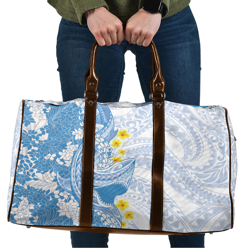 Blue Hawaii Shark Tattoo Travel Bag Puakenikeni Lei Plumeria Polynesian Pattern
