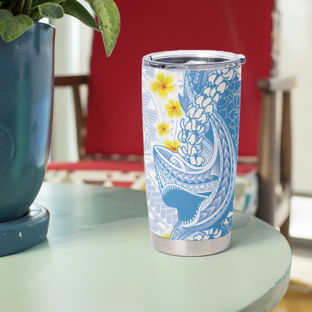 Blue Hawaii Shark Tattoo Tumbler Cup Puakenikeni Lei Plumeria Polynesian Pattern