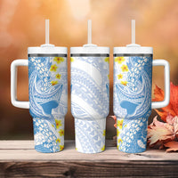 Blue Hawaii Shark Tattoo Tumbler With Handle Puakenikeni Lei Plumeria Polynesian Pattern