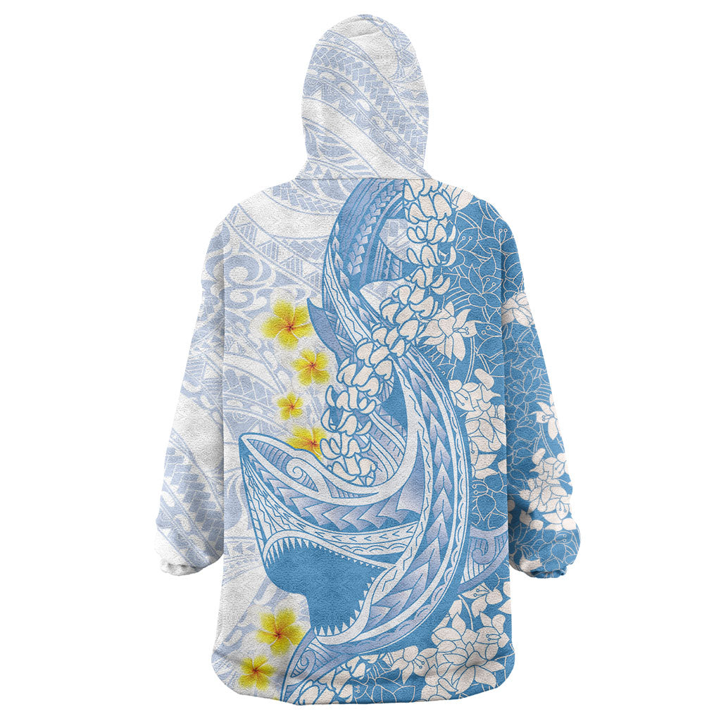 Blue Hawaii Shark Tattoo Wearable Blanket Hoodie Puakenikeni Lei Plumeria Polynesian Pattern