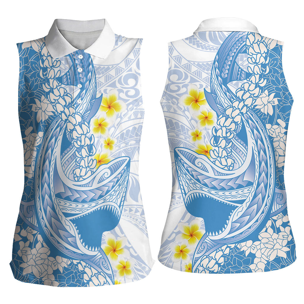 Blue Hawaii Shark Tattoo Women Sleeveless Polo Shirt Puakenikeni Lei Plumeria Polynesian Pattern