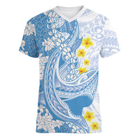 Blue Hawaii Shark Tattoo Women V-Neck T-Shirt Puakenikeni Lei Plumeria Polynesian Pattern