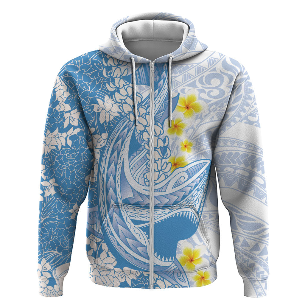 Blue Hawaii Shark Tattoo Zip Hoodie Puakenikeni Lei Plumeria Polynesian Pattern